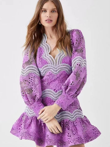 Autumn New V-Neck Lantern Sleeve Splicing Hollow Design Short Dress Woman